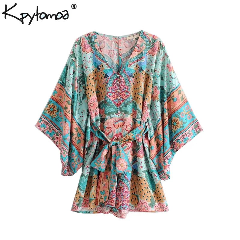 

Boho Chic Summer Vintage Peacock Floral Print Sashes Playsuits Women 2019 Fashion V Neck Kimono Sleeve Beach Jumpsuits Body Tops