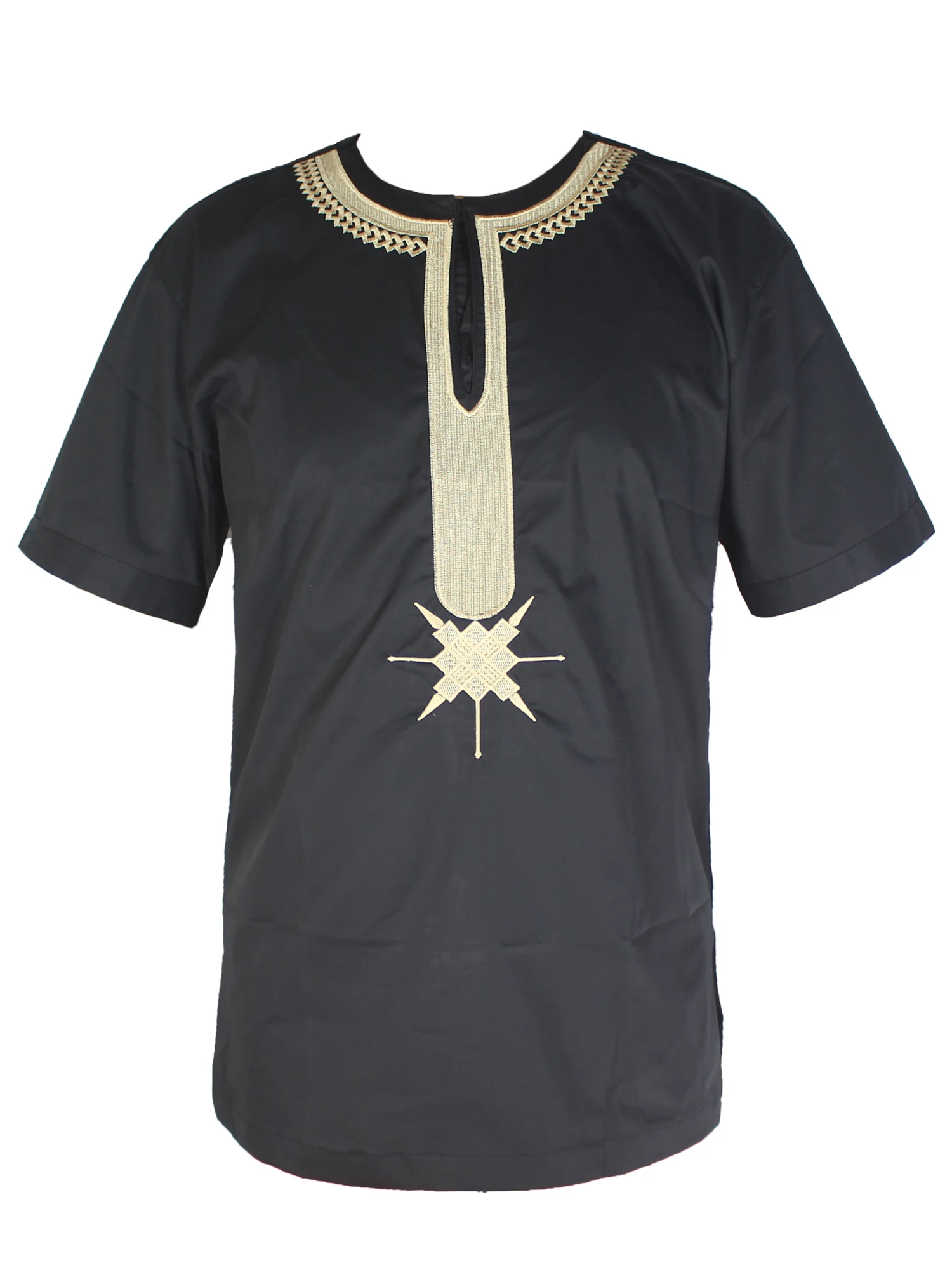 

Africa Fashion Bazin Embroidery Men`s Tops Henry Collar T Shirt African Festival Wearing Short Tunic Tshirts