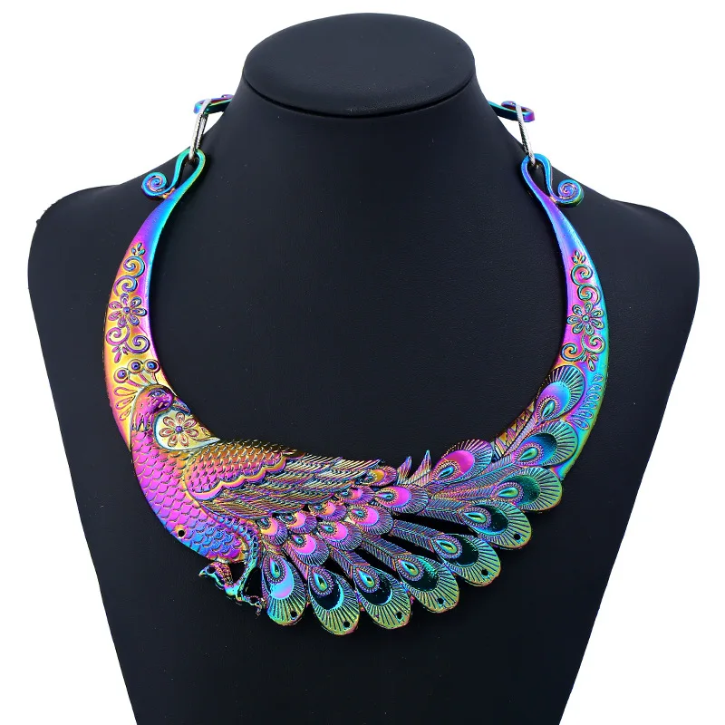 

Multi Color Carving Peacock Torques Metal Maxi Ethnic Choker Necklace For Women 2017 big statement maxi necklace&pendants