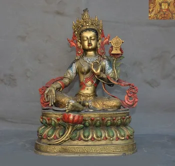 

wedding decoration 14"Tibetan Buddhism Bronze Gilt-Silver green Tara Kwan-Yin goddess Buddha statue
