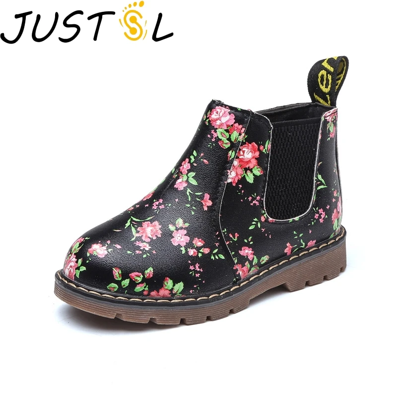 

JUSTSL Girls spring print flowers boots teenage fashion Martin boots kids short leather boots boys girls wild leather shoes