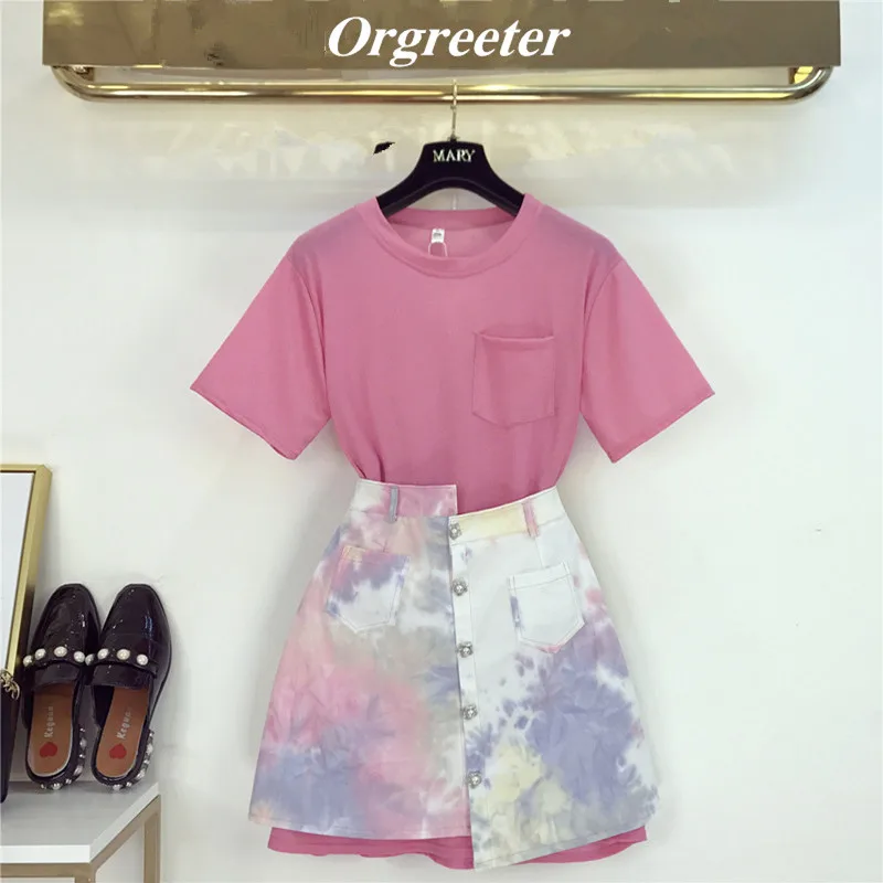 

Personality Casual Skirt Two piece Set Loose Long Tshirt Set Colorful Print Pearl Button Single-breasted Asymmetry Skirt Suits