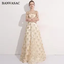 BANVASAC 2018 с круглым вырезом вышивкой пайетками линии Длинные вечерние платья вечерние Кружева Половина рукава платья с открытой спиной
