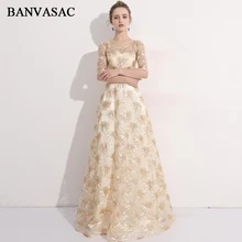 BANVASAC 2018 O Neck Sequined Embroidery A Line Long Evening Dresses Party Lace Half Sleeve Backless Prom Gowns