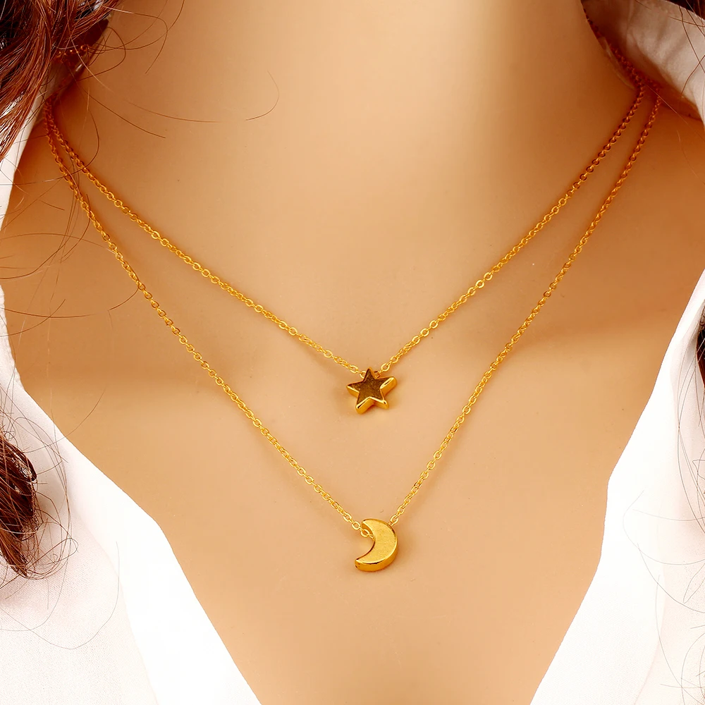 Simple Fashion Star Moon Pendant Necklace Rose Gold Color Double Layer