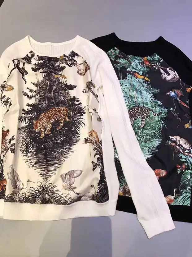 

Long Sleeve Splicing Silk Cashmere Sweater Women Thin 2019 New Fashionable Comfortable Printing Design Pullover Womens Shirts