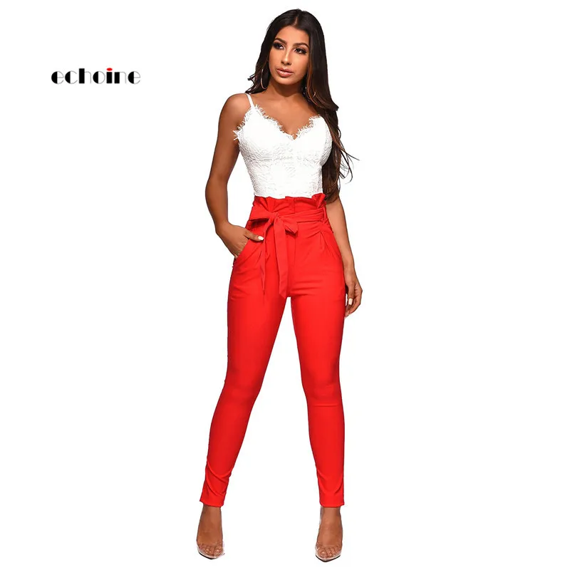 

Echoine Women Casual Pants Fashion Bow Sash High Rise Slim Fit Skinny Long Pencil Pants Matching Belt Street Trousers Sportswear