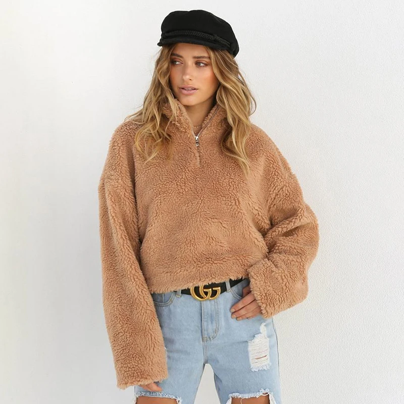 Winter Turtleneck Faux Fur Hoodies Women Autumn Warm Thick