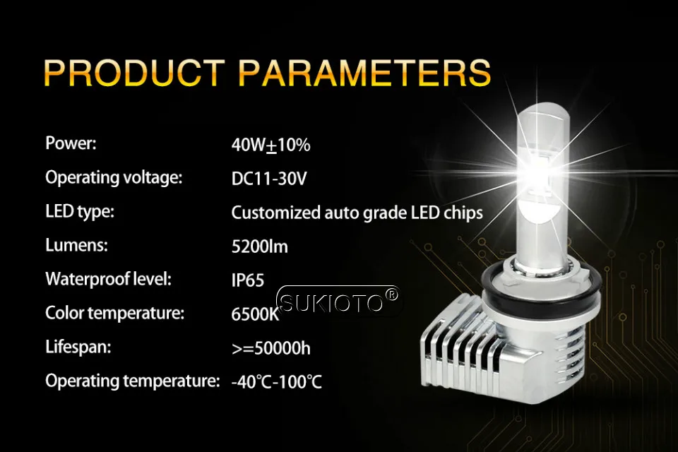 SUKIOTO 2PCS LED Headlight H7 H11 H8 HB4 HB3 9004 5202 H16EU Auto Headlamp Bulbs 5 Patent LED 6500K 40W Car Styling accessories (2)