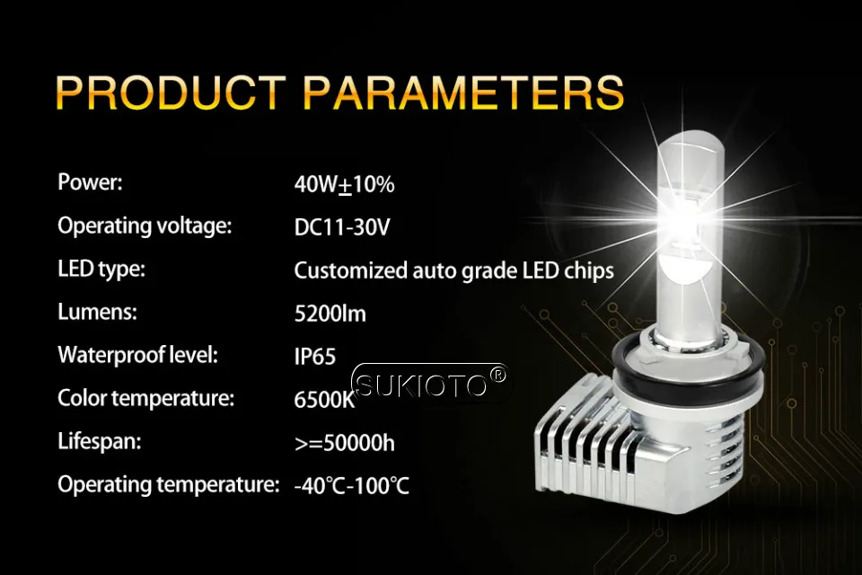 SUKIOTO 2 шт. светодиодные фары H7 H11 H8 HB4 HB3 9004 5202 H16EU Автомобильные фары лампы 5 патентов LED 6500K 40 Вт аксессуары для стайлинга автомобилей