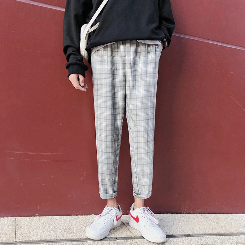 Fashion Casual Men's Cropped Trousers Spring And Autumn New M-2XL Plaid Loose Trousers Dark Gray Gray Personality Youth Popular