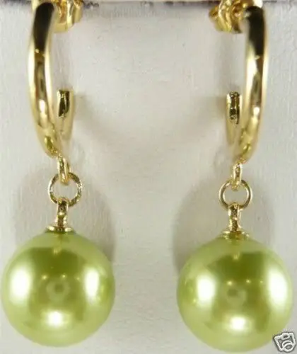 

Free shipping 12mm apple green South sea shell pearl dangle earrings +