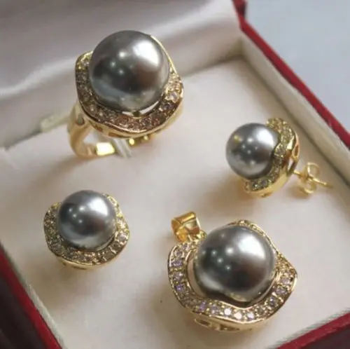 

Selling jewerly 10mm &14mm Gray South Sea Shell Pearl 18KGP Earrings Pendant Ring Set