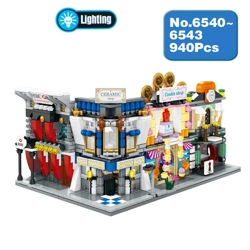 

City Street Bank Ceramics Cookies Cloth Shop Store 3D Model Blocks Bricks Diamond Building Toy 4Pcs fit Legoings no Box