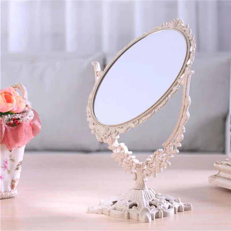 Espejo de maquillaje de escritorio de 360 grados de rotación ovalado de doble cara espejo cosmético Rotable decoración del hogar reflejo de vidrio Espejo de maquillaje de escritorio de 360 grados de rotación ovalado de doble cara espejo cosmético Rotable decoración del hogar reflejo de vidrio