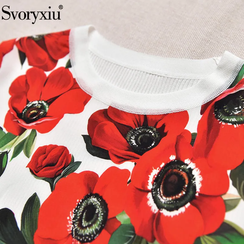 Svoryxiu дизайнер осень плюс размер короткий рукав вязание топы женские элегантный цветок розы печати Шелковый свитер тройники Пуловеры
