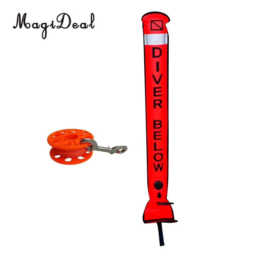4' Scuba Diving 'Diver Below' Reflective Surface Marker Buoy SMB Safety Sausage + Diving Finger Spool with Clip Line Holder Reel