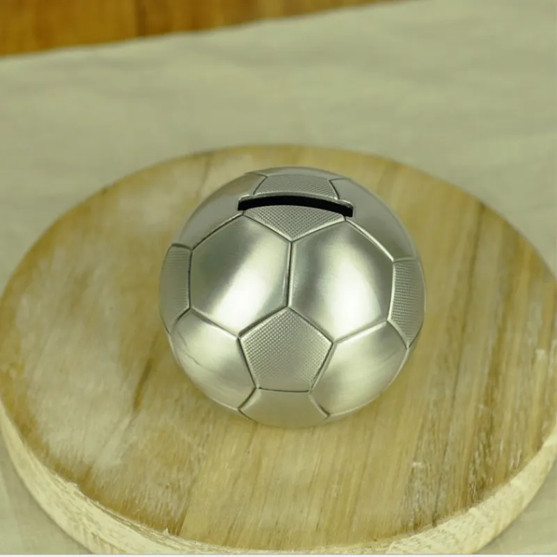 Soccer Ball Coin Piggy Bank Metal Silver Tone Football Decor 