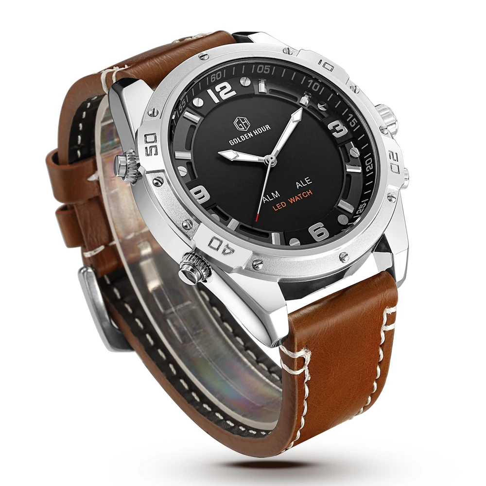 GOLDENHOUR Top Brand Fashion Sport Watches Men Quartz Analog LED Clock Leather Military Waterproof