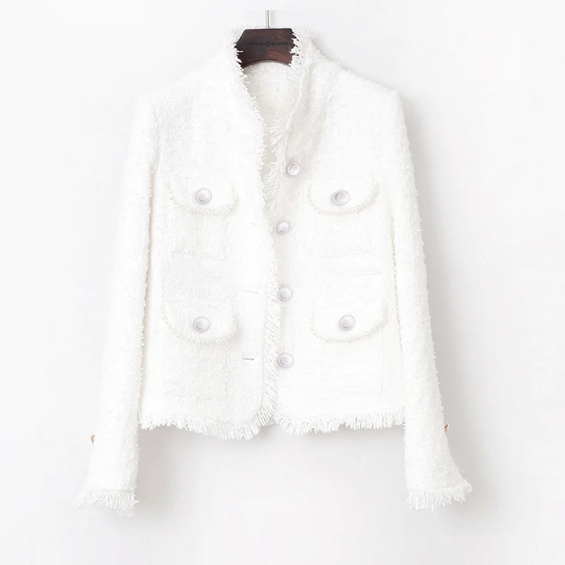 

tweed jacket White Pearl inlaid pocket 2019 autumn /winter women's jacket new slim slimming tweed ladies jacket coat
