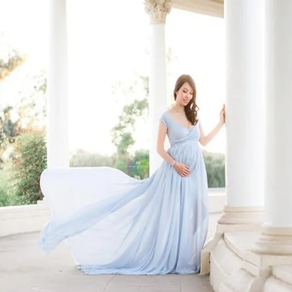 Maternity Short Sleeve V-Neck Dress Off Shoulders Half Circle Gown for Pregnant Woman Baby Shower Photo photography Props Dress - Цвет: Небесно-голубой