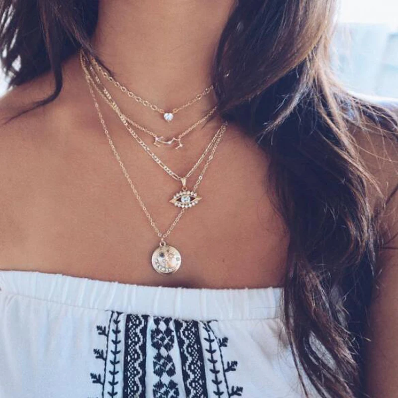 

docona Gold Eye Carved Star Moon Crystal Boho Necklace Women Alloy Multi Layer Chain Pendant Necklace Collares Jewelry E03110