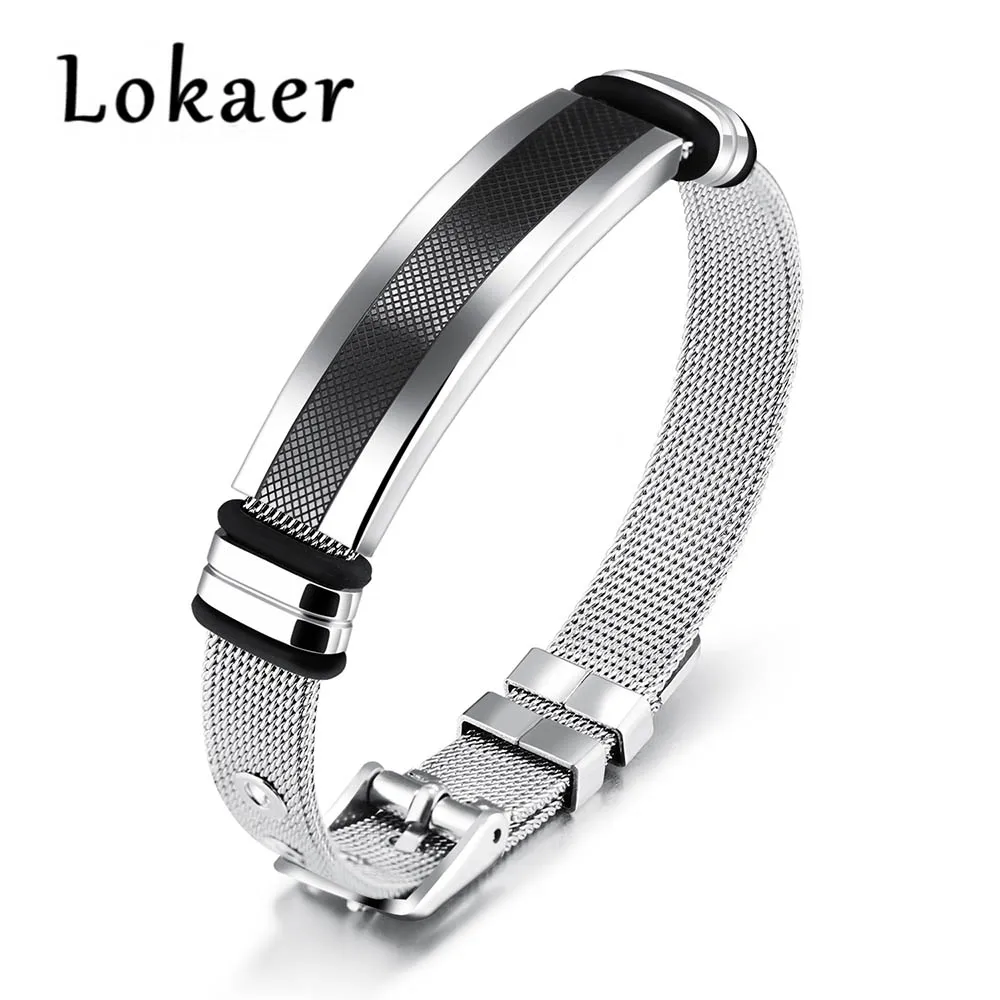 Lokaer регулируемый браслет для мужчин сетчатый ремешок по периметру 17-21 см черный/золотой цвет из нержавеющей стали Мужской обруча браслеты LGH877