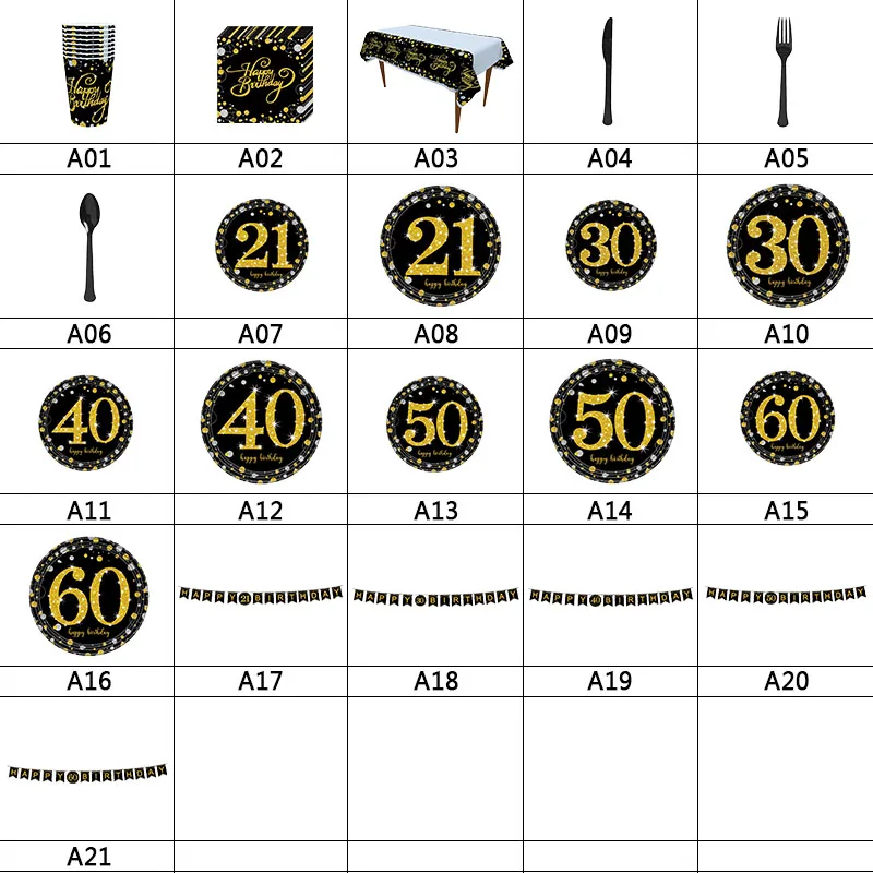 Gold Black Happy Birthday Bunting Banner Tableware Paper Cup Plate Napkins for 21 30 40 50 60 Birthday Party Decoration Supplies