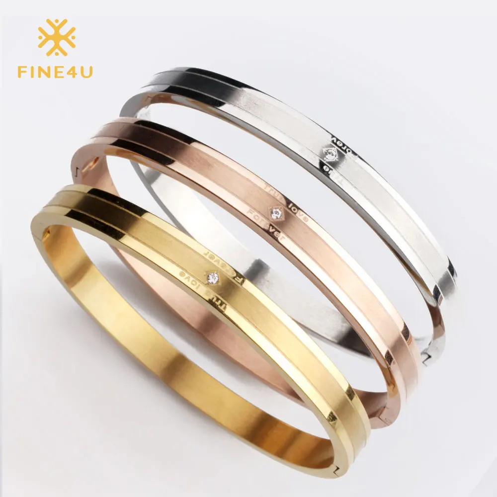 

2018 New FINE4U B057 Cuff Bracelet For Women 316L Stainless Steel Bracelets & Bangles Tension setting CZ 3 Colors Choices