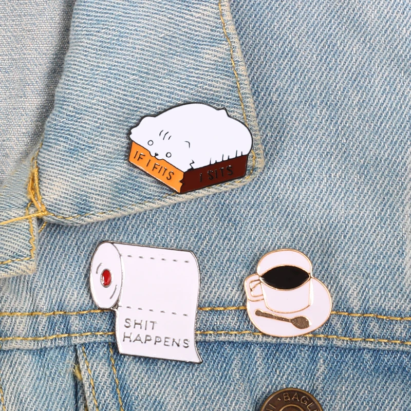 

Funny Animal Brooches lapel pins Roll paper Cat Box Coffee Cup Badge jewelry Button icon Denim Shirt Accessories women kids gift