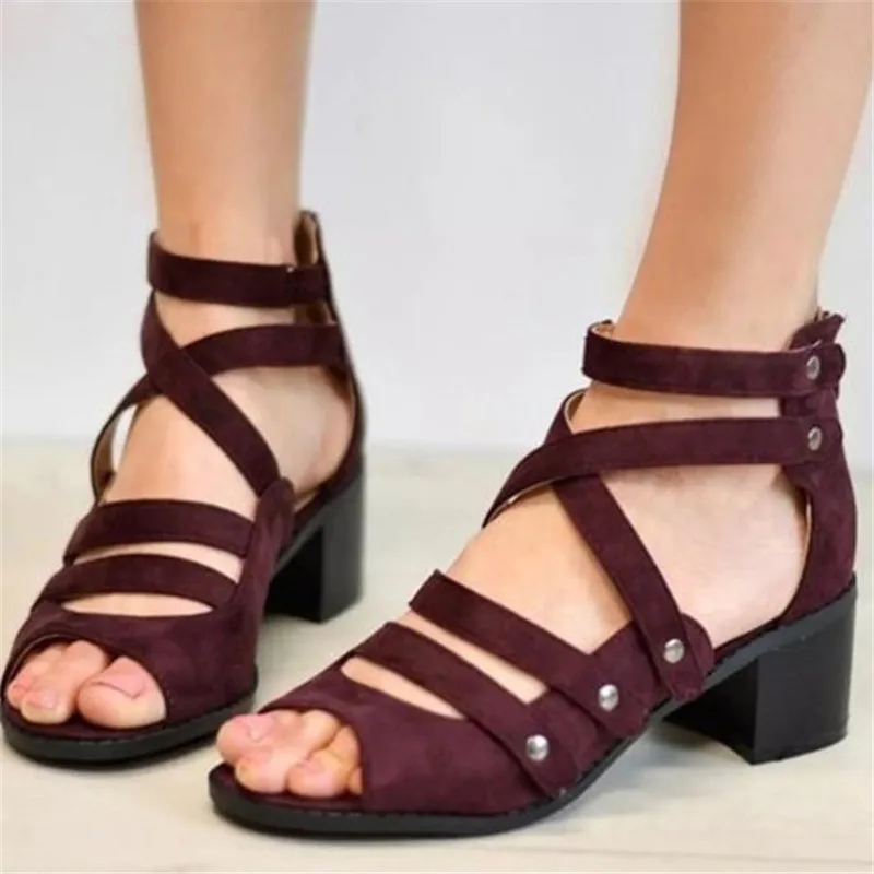 

Tangnest Heeled Sandals Women Med Heels Zip Shoes Woman Suede Hollow Solid Pumps Peep Toe Striped Shoes Plus Size 34-43 XWZ5694
