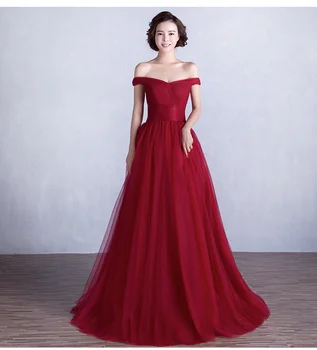 Free Shipping Cheap Long Burgundy Prom Dress Real Sample Off the Shoulder Tulle Formal Party Evening Gown robe de soiree