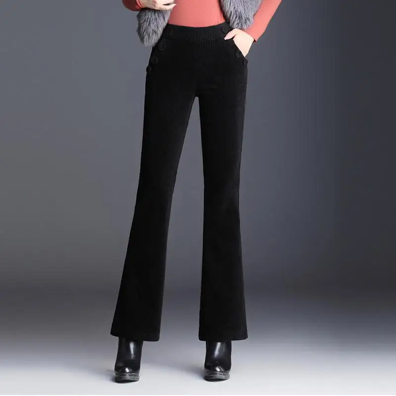 Однотонные черные карамельные расклешенные брюки для женщин зимние вельветовые брюки с высокой талией для женщин новые офисные широкие брюки для женщин GJ259 - Цвет: Черный