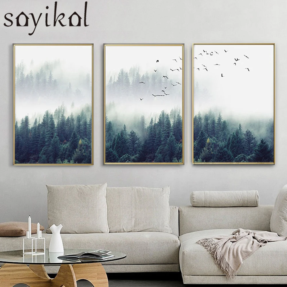 Abstract Nordic Forest Bird Landscape Canvas Paints Poster Home Room Wall Decor