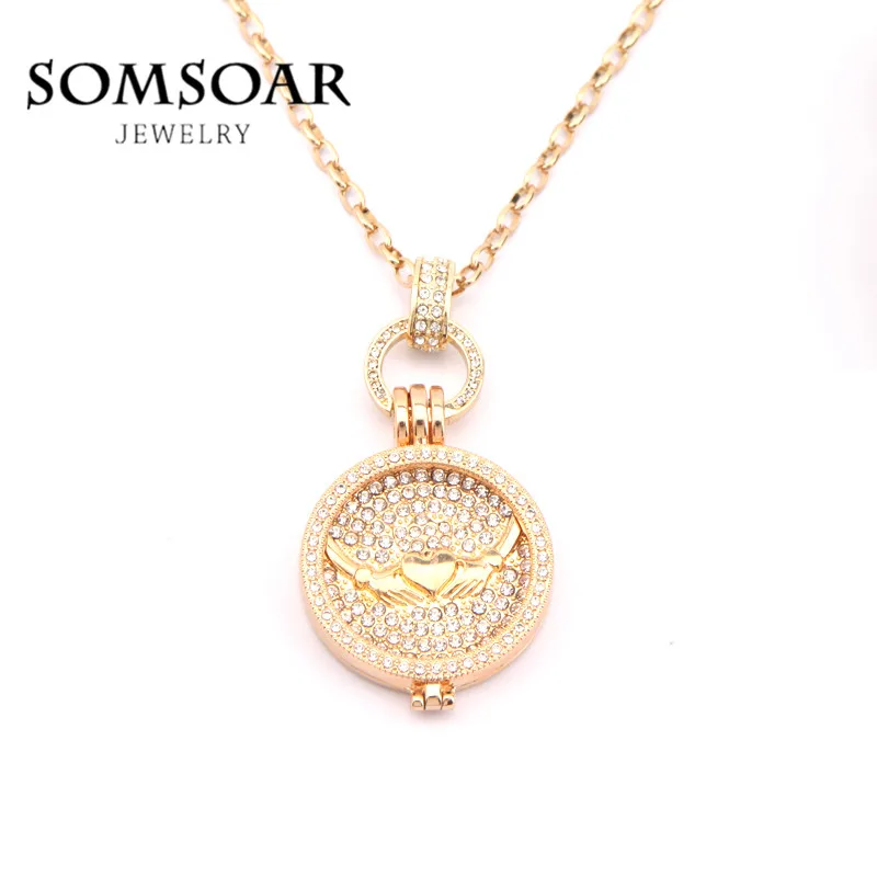 

Somsoar Jewelry Gold Heart Claddagh with full crystal 33mm Large Coin Pendant Necklace Set include Spring Clasp Dangle