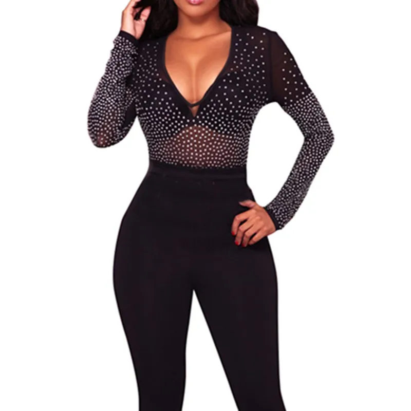 

Mesh Hot Drilling Sexy Bodysuit Women Rompers Long Sleeve V Neck Transparent Bodycon Jumpsuit Casual Tops Party Overalls