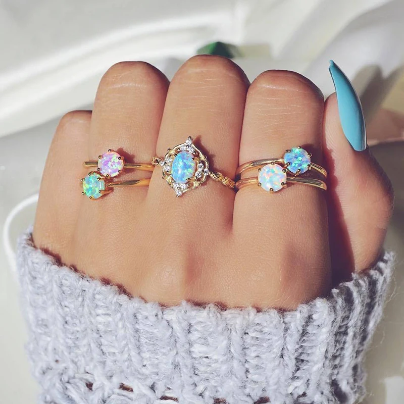 

5Pcs/ Set Vintage Colored Gem Round Geometry Crown Gold Joint Ring Set Women Fashion Party Clothing Jewelry Gift