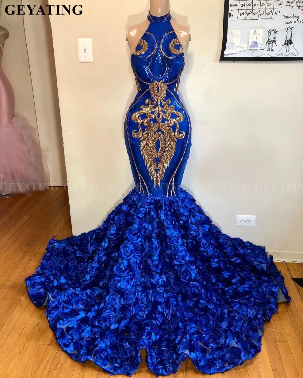 

Sparkly Royal Blue and Gold Mermaid 3D Rose Flowers Prom Dress for Black Girls High Neck Plus Size African Formal Evening Dress