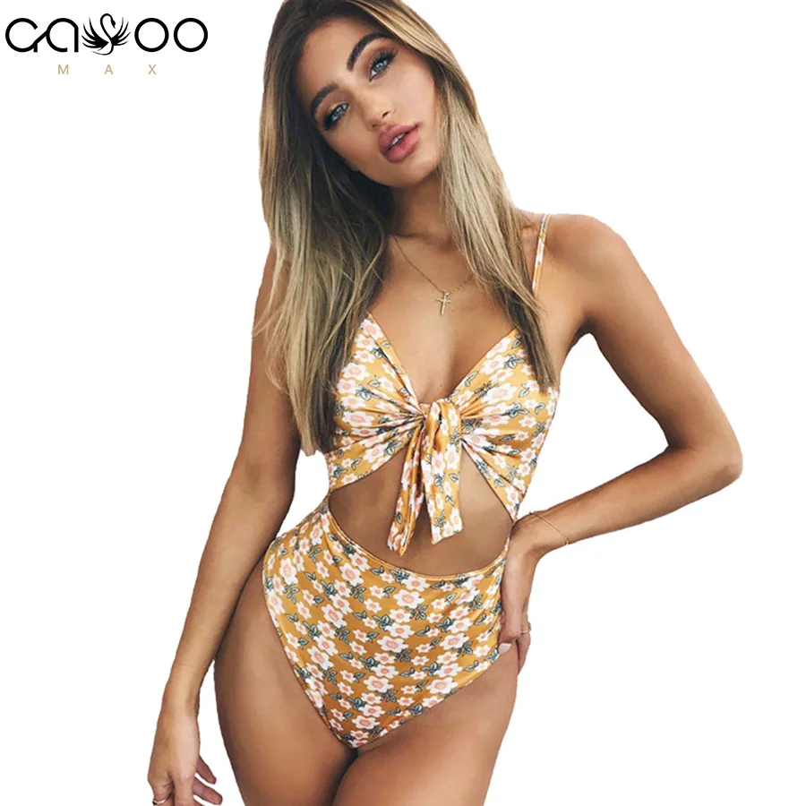 

2018 Halter Print Swimwear Women Striped Cutout One Piece Swimsuit Print High Waisted Monochrome Dot Optional Knot Bodysuit