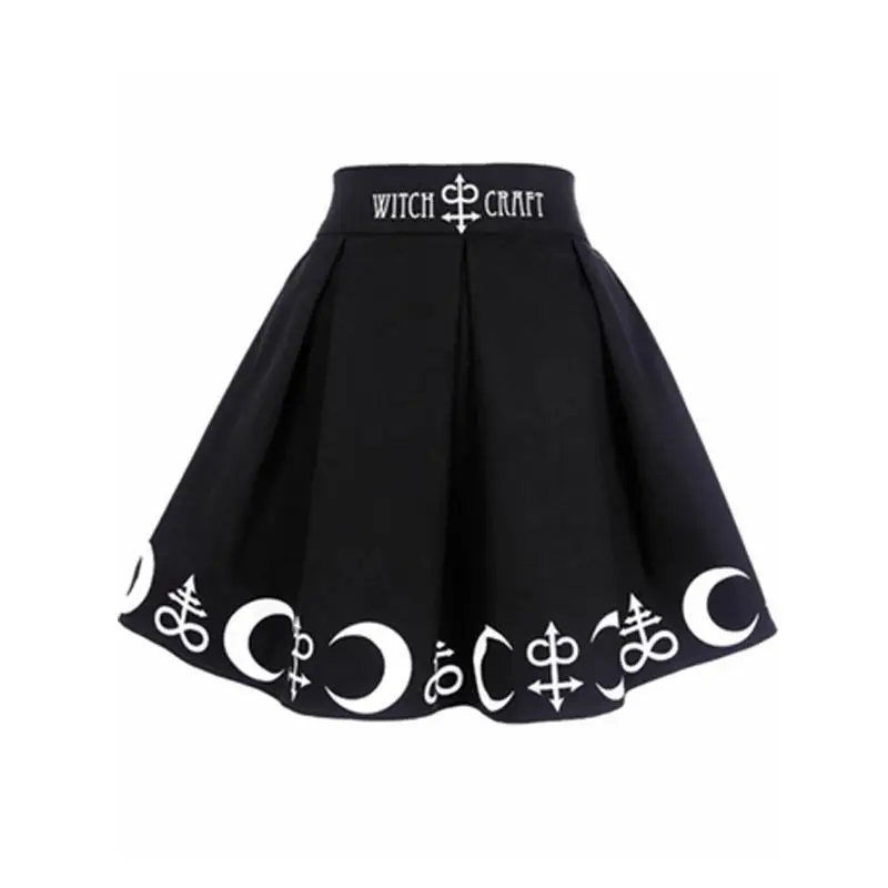 

2019 Summer Women Witch Moon Printed Harajuku Punk Rock Gothic Skirt High Waist Witch Craft Moon Star Print Goth Pleated Skirts