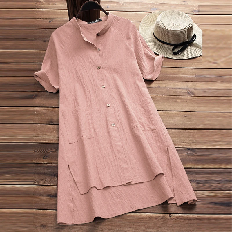 

ZANZEA 2019 Vestido Women Button Down Linen Blouse Female Casual Short Sleeve Shirt OL Summer Top Split Hem Baggy Cotton Blusas