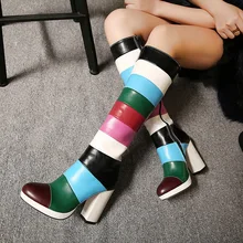 Женские рыцарские сапоги на высоком толстом каблуке; сезон весна-осень; цветные женские высокие сапоги до колена; Новое поступление года; модные кожаные высокие сапоги