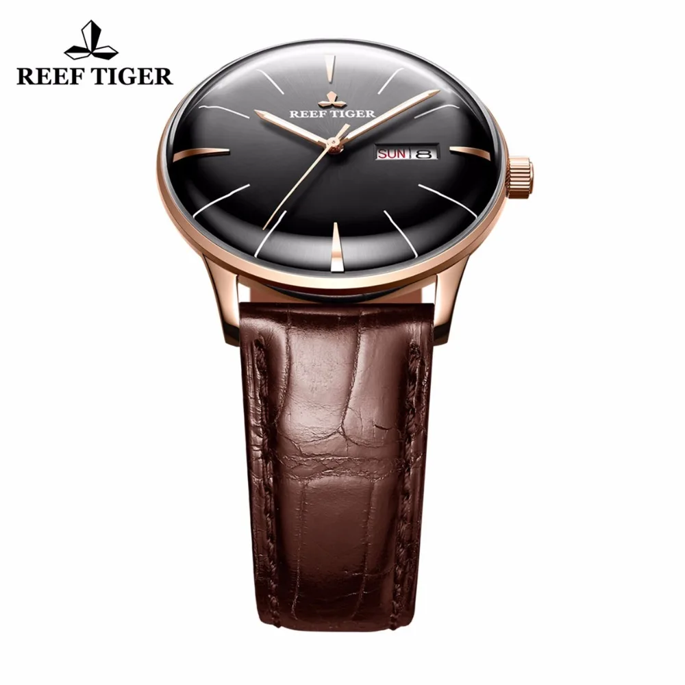 Мужские часы с автоподзаводом Reef Tiger/RT выпуклые линзой коричневым кожаным