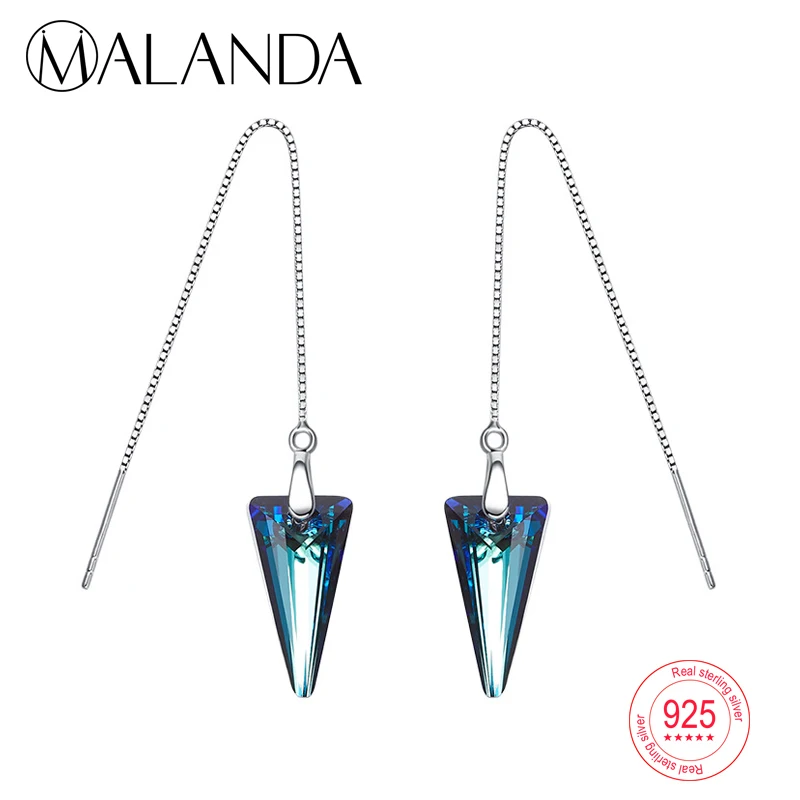 

MALANDA 925 Sterling silver Earrings Spike Pendant Crystal From Swarovski Long Chain Piercing Earrings Women Earrings Jewelry
