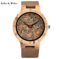 КВт Для мужчин древесины наручные часы стимпанк уникальный циферблат с ремень из натуральной кожи часы кварцевые двигаться Для мужчин t