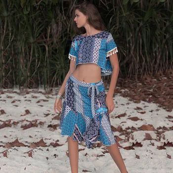 

Enyuever Two Piece Set Womens Sets Summer Bohemian Tassel Print Ruffled Hem Vestido Casual Party Crop Top And Skirt Set Beach