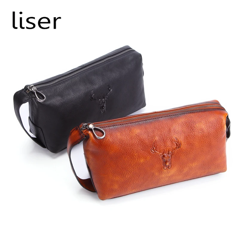 

Unisex Genuine Leather Storage Cosmetic Bags Vintage Travel Wash Bag Cowhide Deer Head Pattern Multifunction clutch