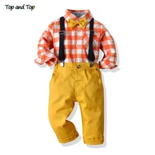 Детские комплекты одежды для мальчиков, топ и Топ Повседневная клетчатая рубашка для мальчиков+ брюки на подтяжках Детский комбинезон для мальчиков