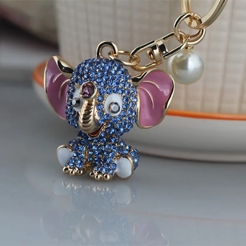 

Fashion elephant keychain crystal cute little blue elephant key chain Girl Rhinestone Bag Pendant Jewelry