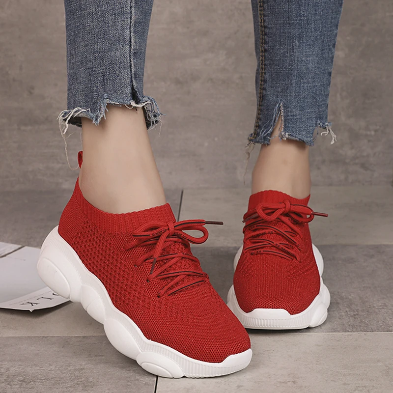 

2019 Spring Sneakers Women Mesh Flats Platform Walking Shoes Slip On Lace-Up Creepers Round Toe Solid Footwear XWD7498